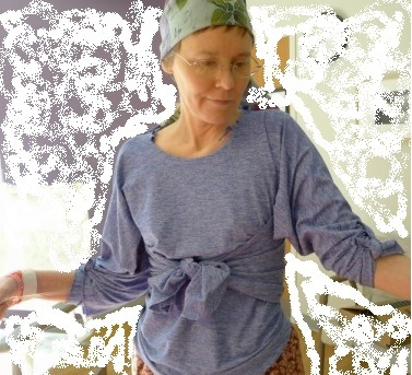 Blue heather wrap blouse in action.